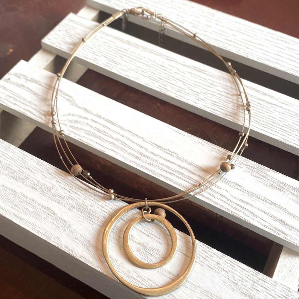 Gold Toned Abstract Pendant Wire and Beaded Necklace